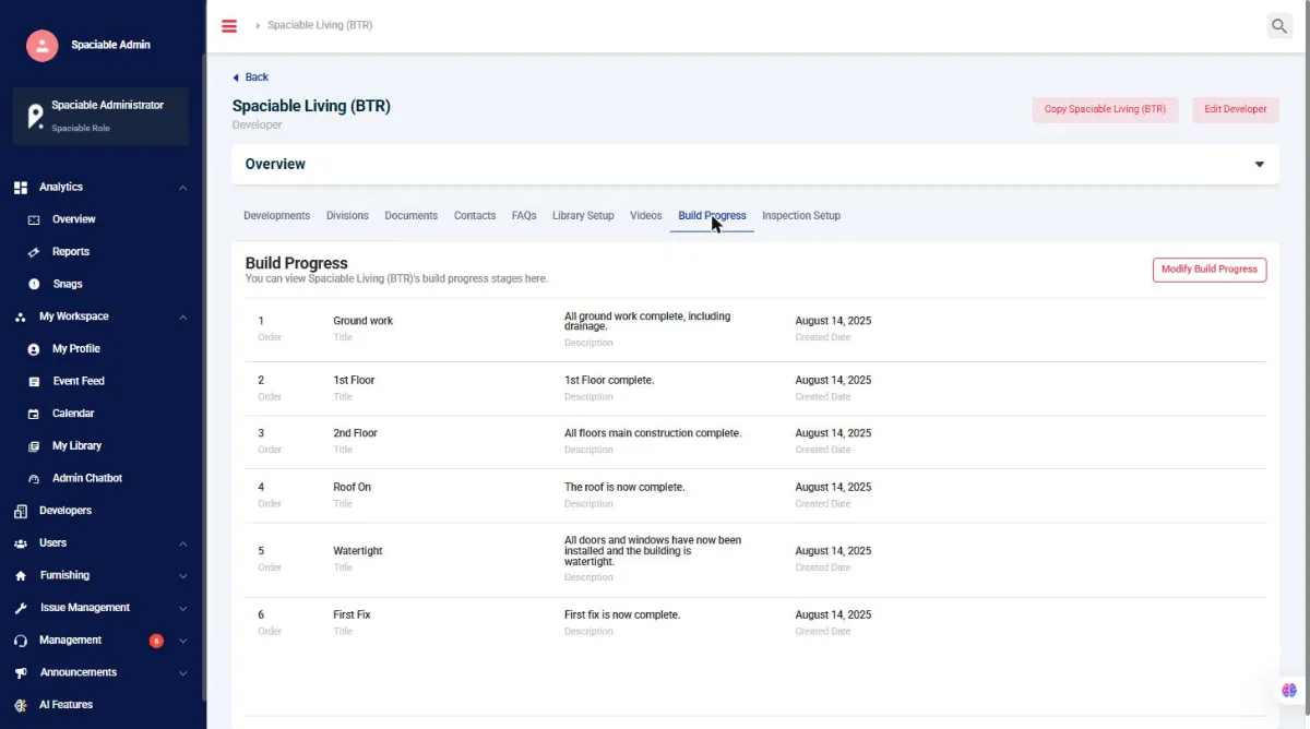 Build progress stages in the Office Portal