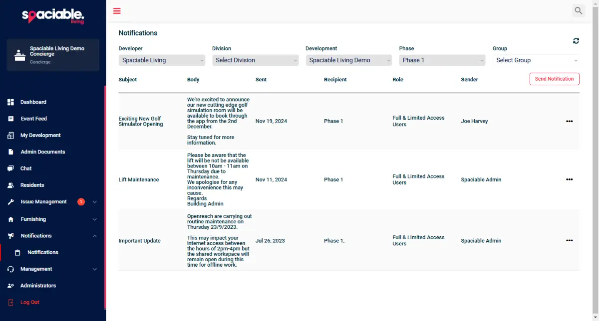 Notifications list in the Office Portal