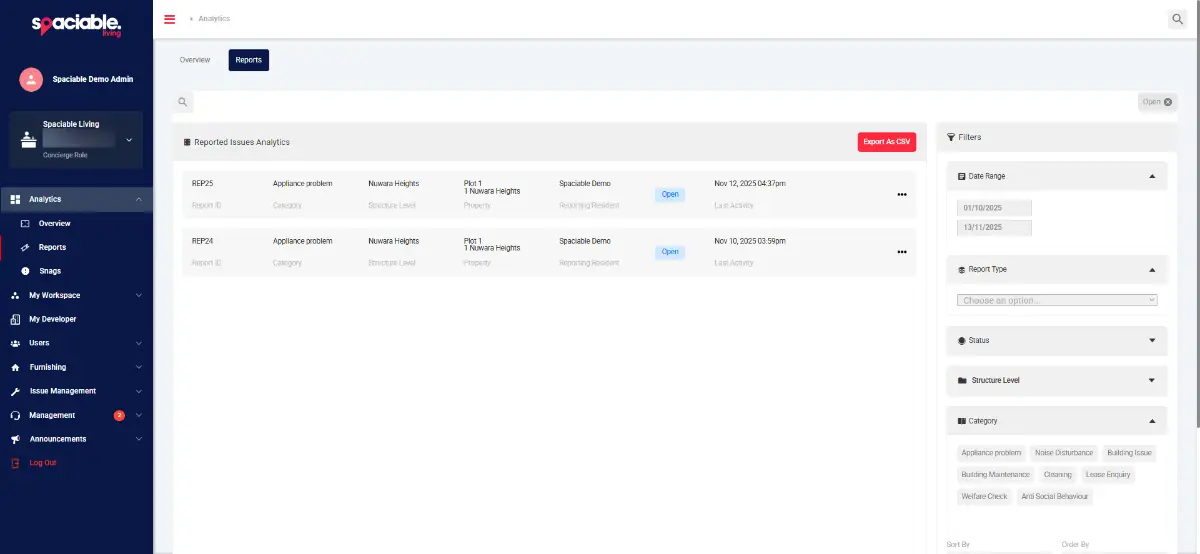 Reported issues analytics with filters