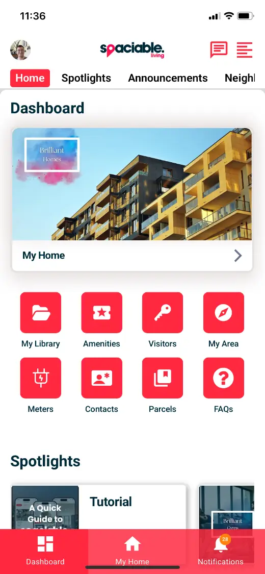 Spaciable resident app dashboard with the Parcels tile