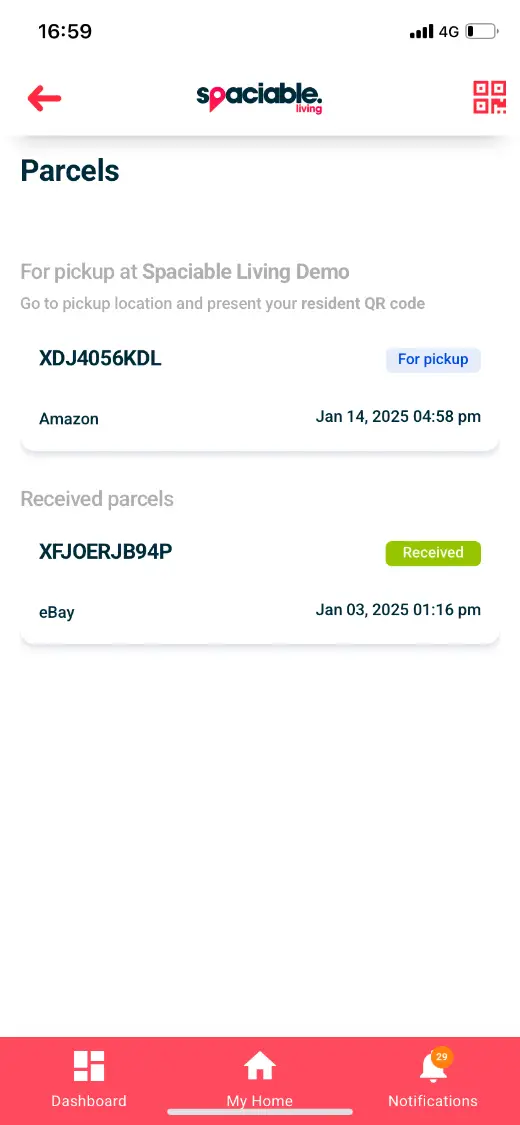Parcels screen showing a parcel for pickup and received parcels