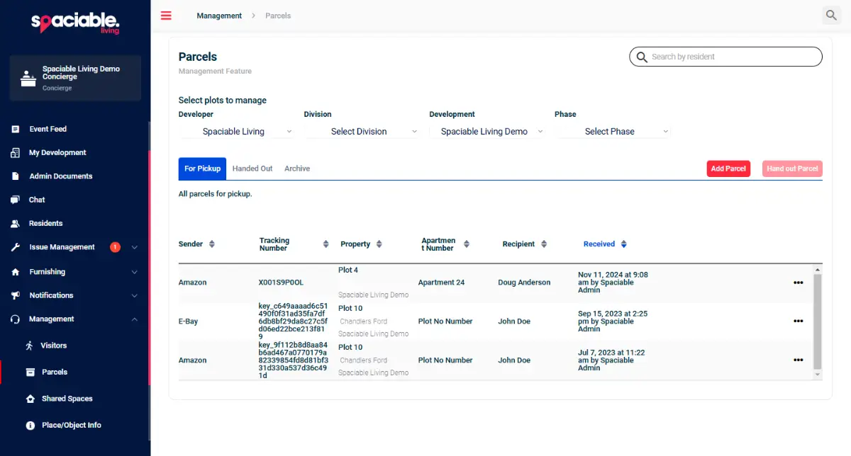 Parcels in the Spaciable Office Portal, with For Pickup, Handed Out and Archive tabs
