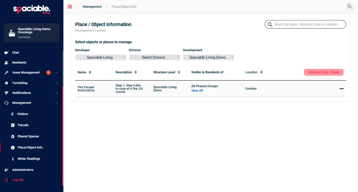 Place/Object Information list in the Office Portal