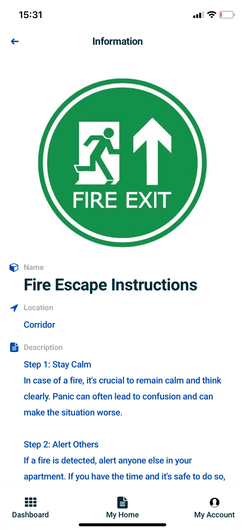 Fire escape instructions in the resident app