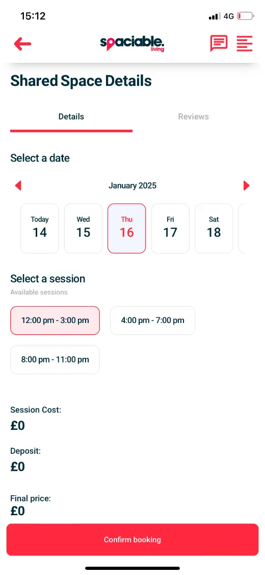 Choosing a date and session for a shared space