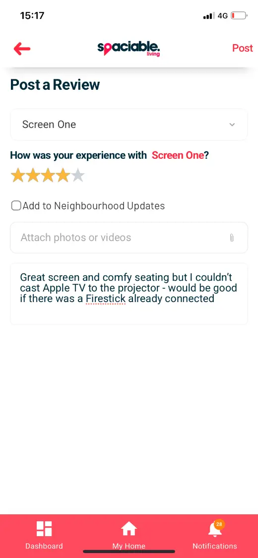 Posting a review of a shared space