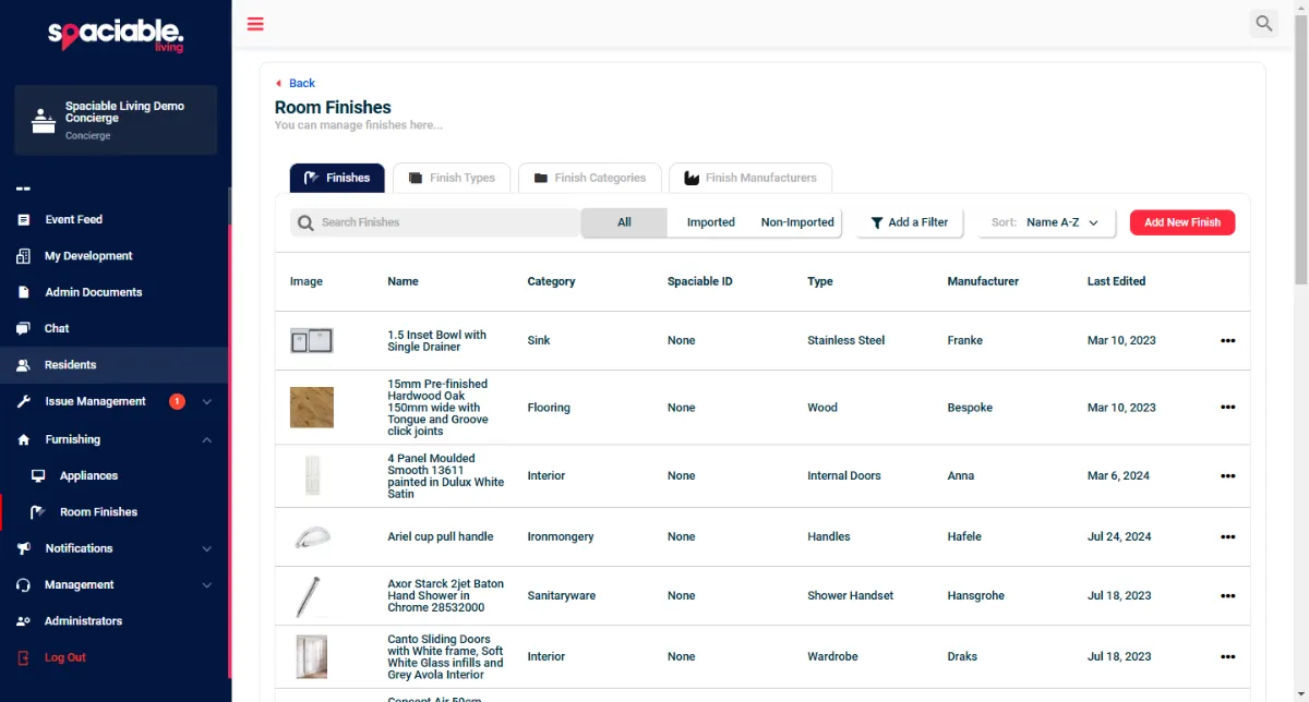 Room finishes catalogue in the Office Portal