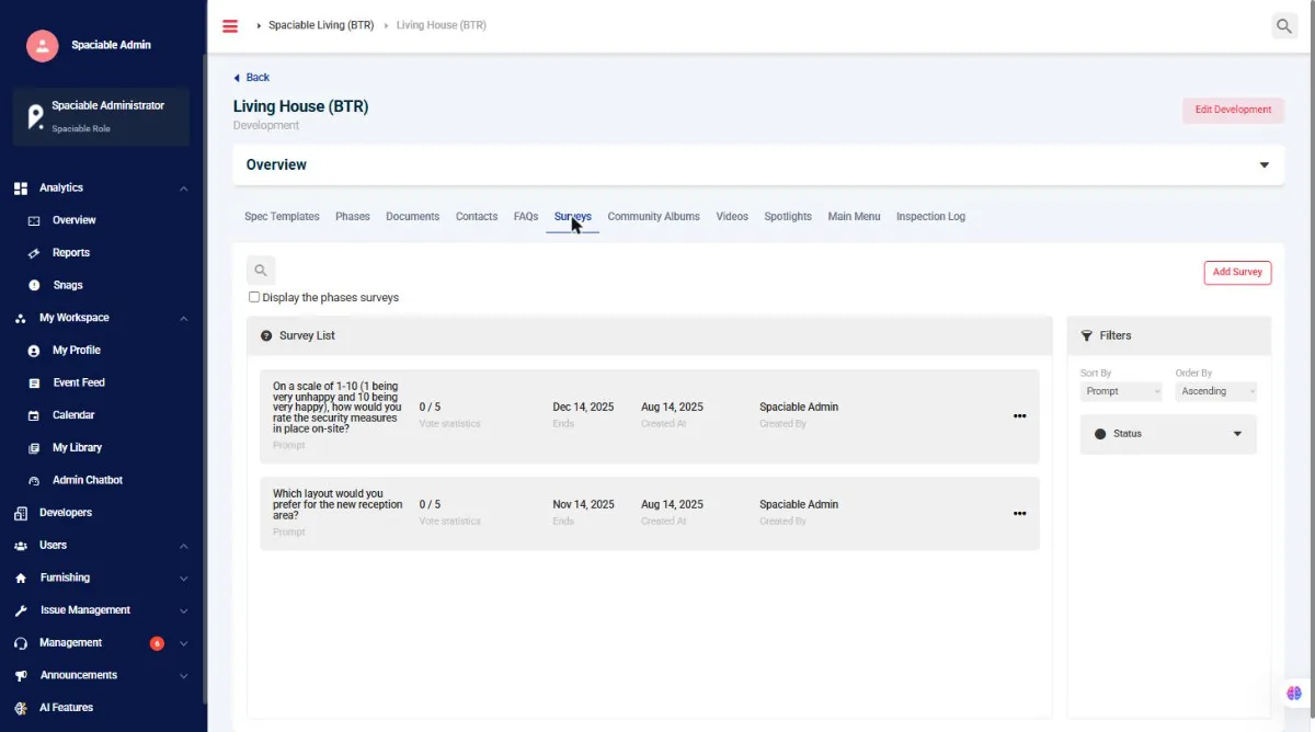 Development survey list in the Office Portal