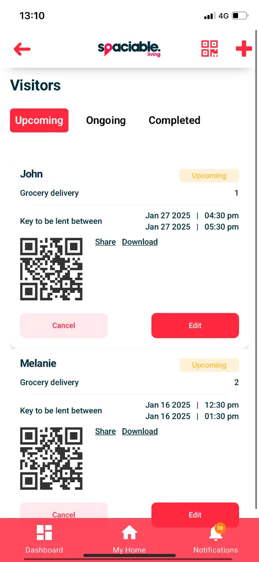 Upcoming visitors with QR codes and key-lending times